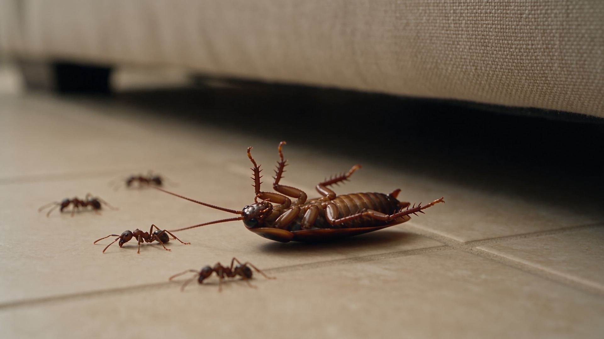 A big palmetto bug lying on its back on a tile floor while ants walk past.